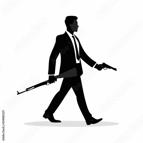 Man In Suit Walking With Gun Silhouette vector isolated on white background.