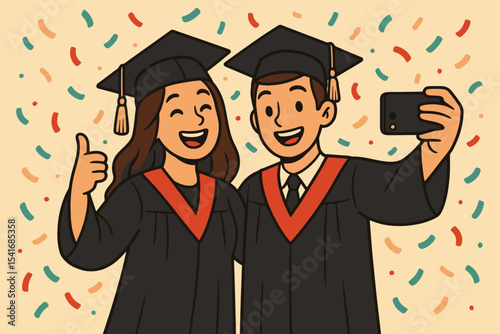 Happy graduates taking a selfie with confetti