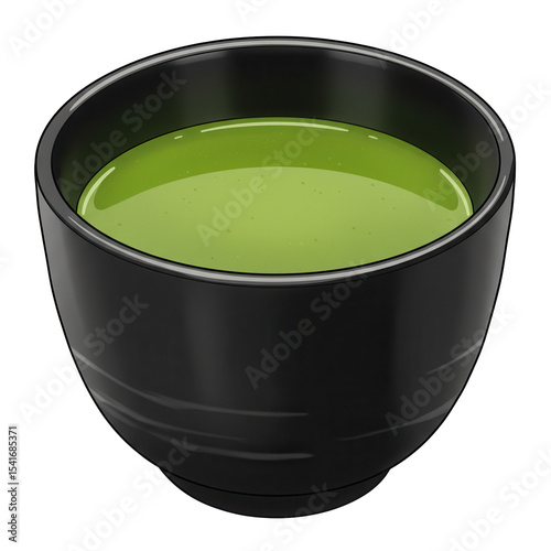 Vibrant green matcha in a sleek black bowl