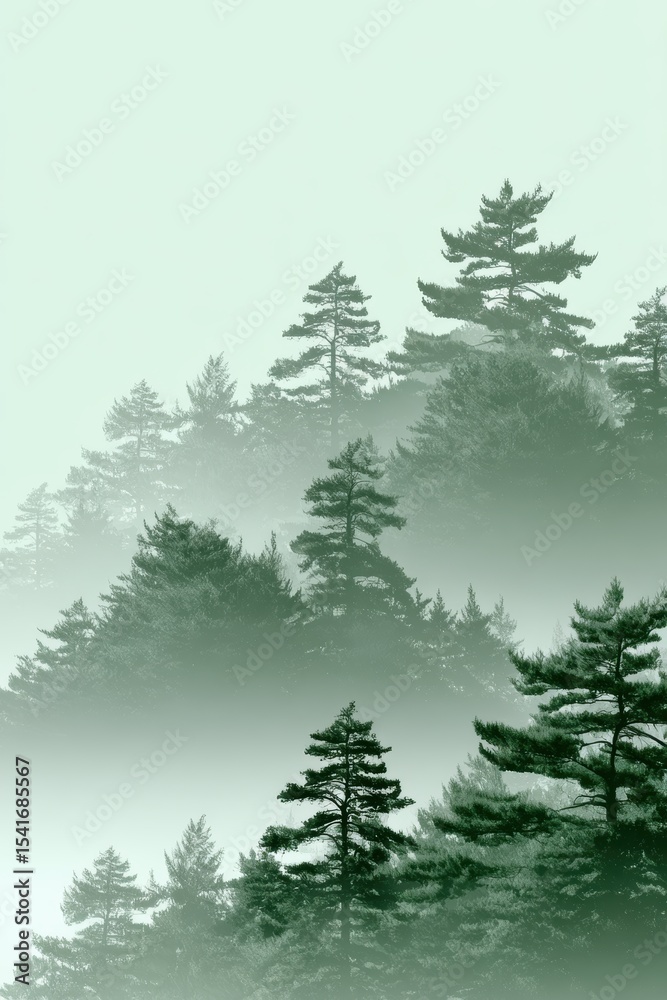 Fototapeta premium A serene forest wrapped in soft mist, featuring layered tree silhouettes in light green, radiating tranquility and harmony with nature.