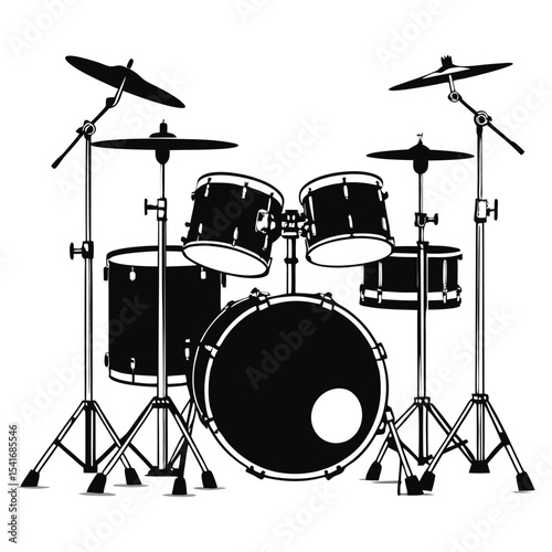 Black Drum Set Vector Illustration – Classic Percussion Kit Silhouette

