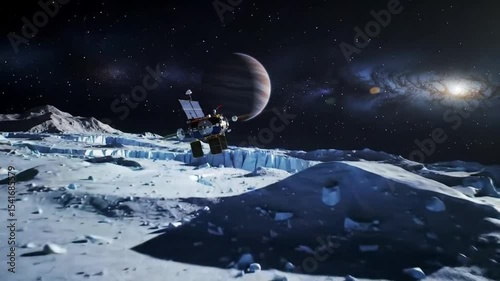 Spacecraft over icy lunar landscape