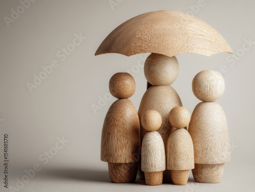 Wooden figures seeking shelter under an umbrella in a neutral setting