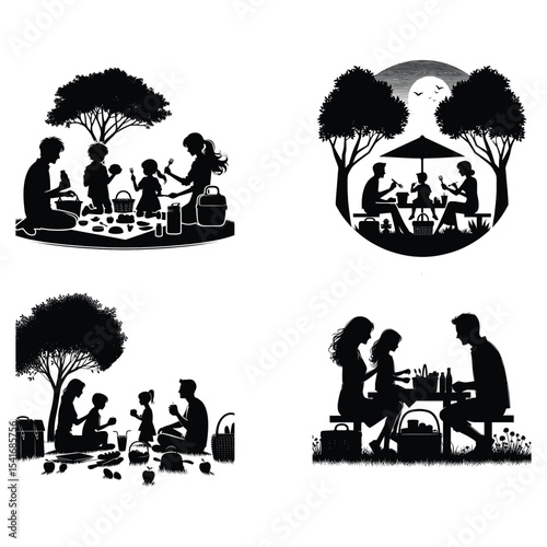 Four family picnic silhouettes isolated on white background