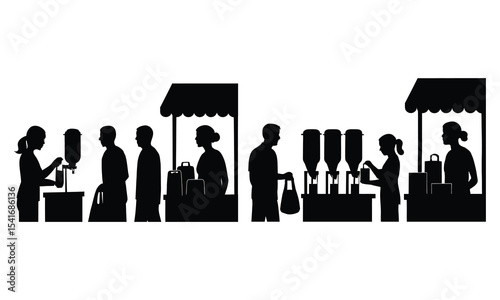 Market stalls silhouette people shopping queue isolated on white background