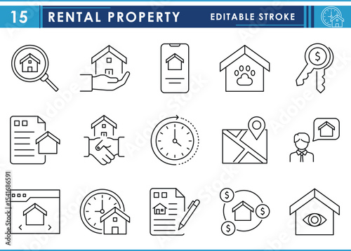 A set of line icons related to Rental Property. Rent, home, money, shift, agreement, and so on. Vector editable stroke.