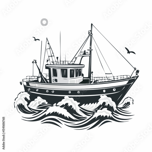 Fishing trawler on waves design vector image isolated on white background.