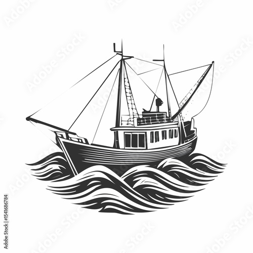 Fishing trawler on waves design vector image isolated on white background.