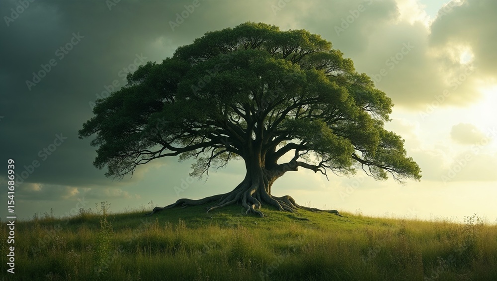 Fototapeta premium Solitary tree in peaceful environment with dramatic sky at sunset, 