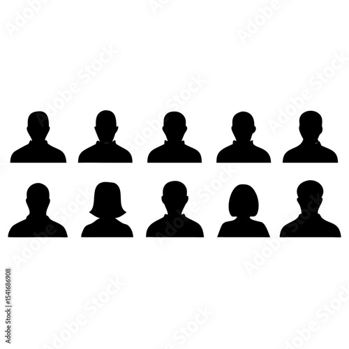 Flat Illustration of Ten Black Silhouette Avatars – Men and Women User Profile Icons


