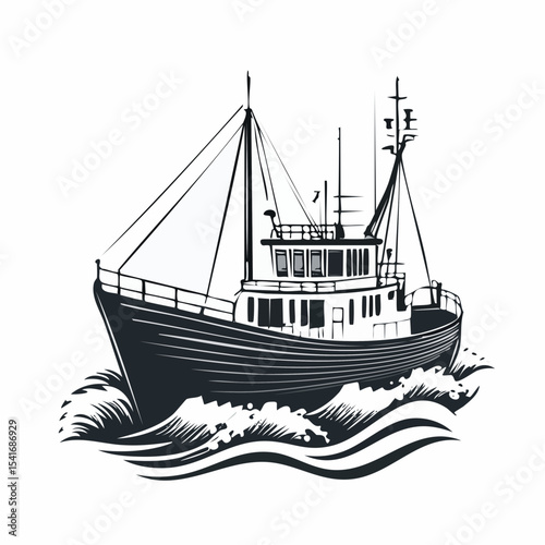 Fishing trawler on waves design vector image isolated on white background.