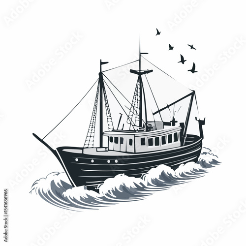 Fishing trawler on waves design vector image isolated on white background.