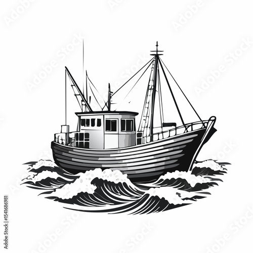 Fishing trawler on waves design vector image isolated on white background.