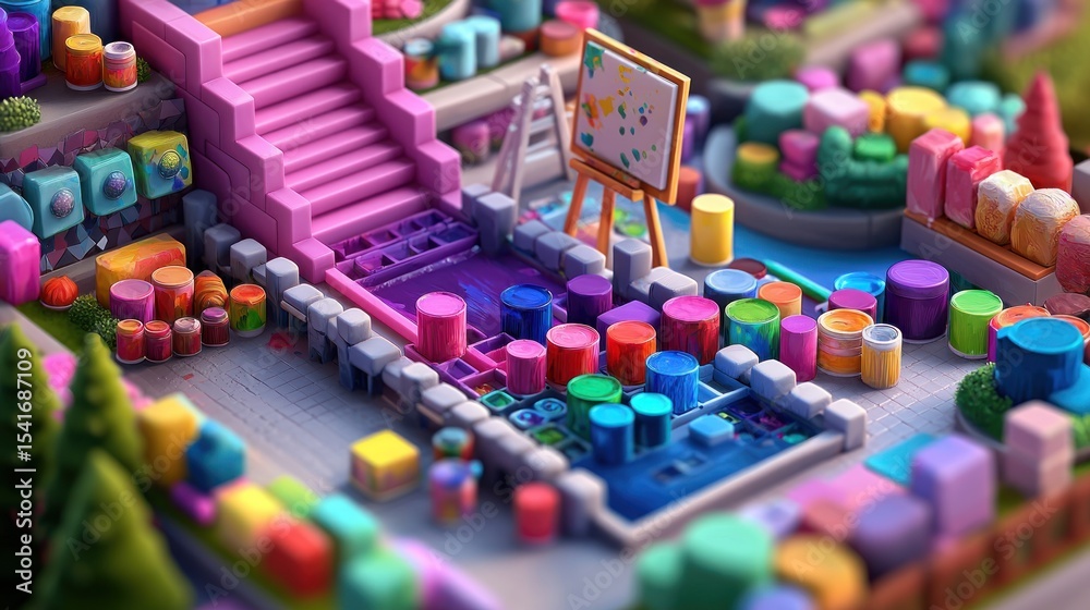 Fototapeta premium Colorful miniature city with painting studio, vibrant, artistic