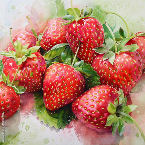 Fresh strawberries arranged on green leaves with vibrant colors  