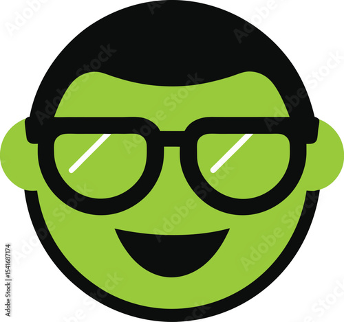 Smirking face with neon green sunglasses on white background