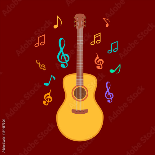 Vector illustration with classical guitar and colorful musical notes.