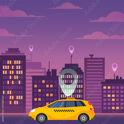 Yellow taxi car against the background of city buildings and hovering geotags. Vector illustration.