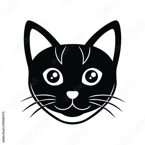 Cat Face Round Eyes Pointy Ears Outline Vector Illustration