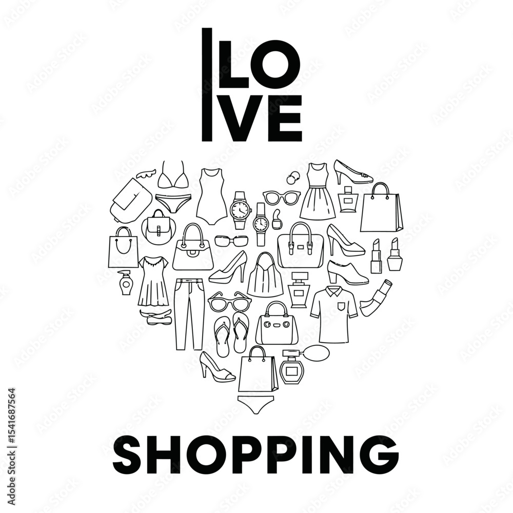 Fototapeta premium Love shopping concept with heart shape made of various fashion items and accessories illustration design