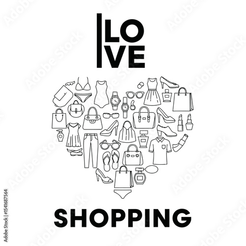Love shopping concept with heart shape made of various fashion items and accessories illustration design