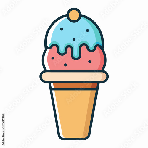 Colorful and delicious cartoon ice cream cone with two different flavors