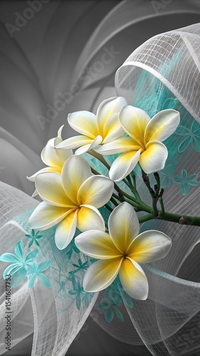 Elegant plumeria flowers on teal and white fabric