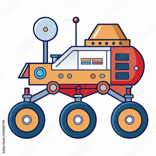 Cartoon illustration of a Mars rover with antenna and science instrumentation