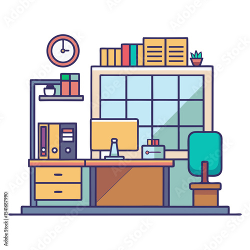 Stylized office scene with desk, computer, shelves, clock and decorations