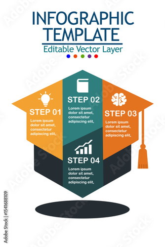 Infographic template in academic cap shape with 4 steps for education, business, or marketing presentations. Editable vector layer.