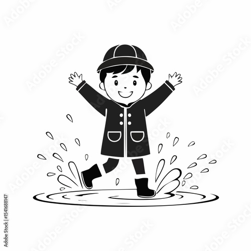 Child in a Raincoat Splashing in Puddles on a Rainy Day Image Vector.