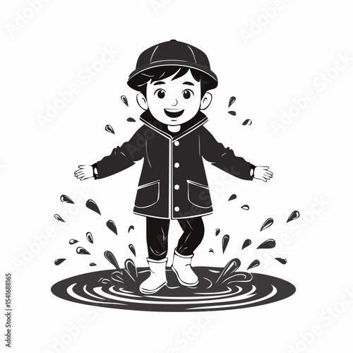 Child in a Raincoat Splashing in Puddles on a Rainy Day Image Vector.