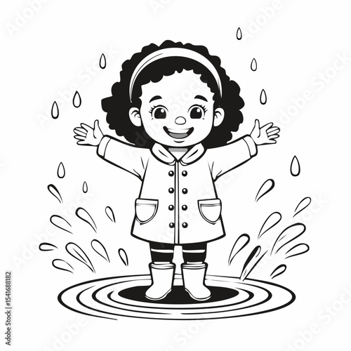 Child in a Raincoat Splashing in Puddles on a Rainy Day Image Vector.