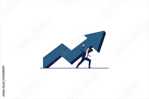 The businessman pushes the arrow in the upward direction. Dealing with obstacles. Improving work to achieve success. Vector illustration.