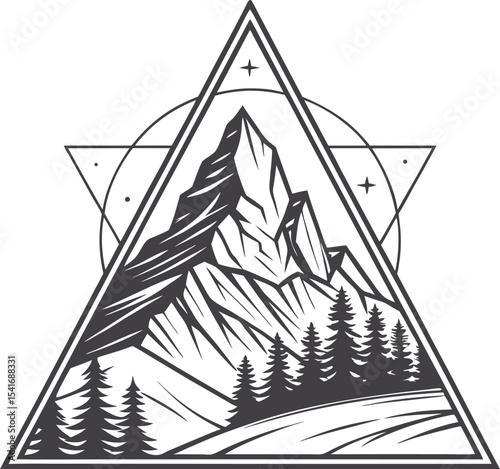 Majestic Mountain Peak Design A stunning landscape graphic featuring a triangle-framed mountain scene ideal for logos branding and apparel