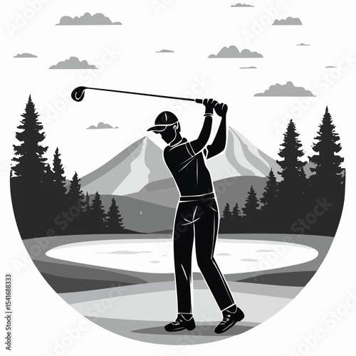 Man swinging golf club on a scenic golf course with mountains in the background image vector