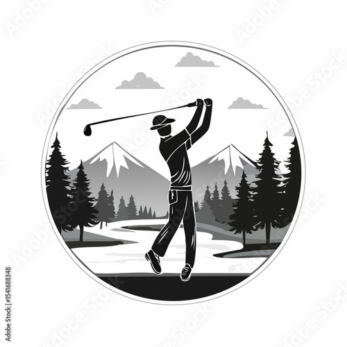Man swinging golf club on a scenic golf course with mountains in the background image vector