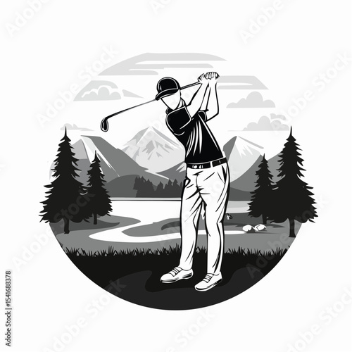 Man swinging golf club on a scenic golf course with mountains in the background image vector