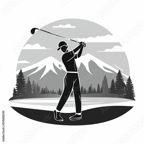 Man swinging golf club on a scenic golf course with mountains in the background image vector