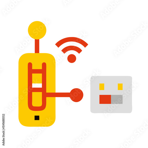 Colorful flat icon showing a wireless device and plug with signal, representing device connectivity and smart linking features.
