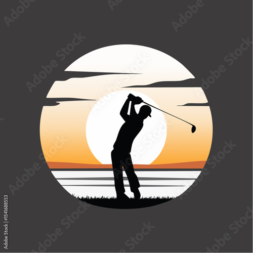 Silhouette of a golfer swinging a club at sunset on a golf course image vector.