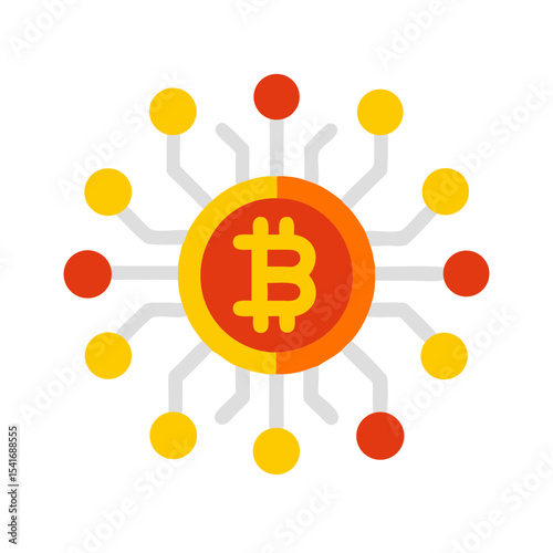 Colorful flat icon showing a bitcoin symbol at the center of a digital circuit, representing cryptocurrency and blockchain technology.
