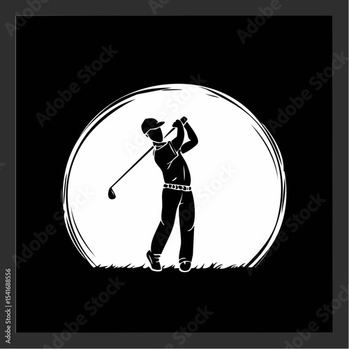 Silhouette of a golfer swinging a club at sunset on a golf course image vector.