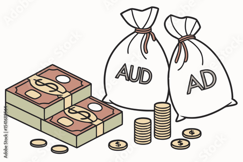 Money Bags and Stacks of Cash Depicting Wealth and Financial Security with a Playful Cartoon Aesthetic