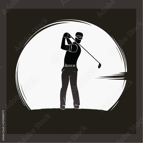 Silhouette of a golfer swinging a club at sunset on a golf course image vector.