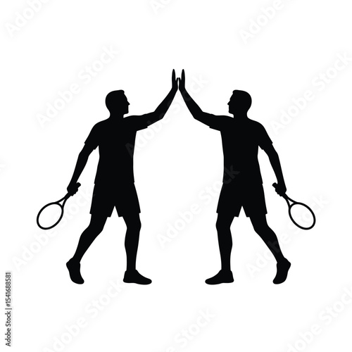 Black Silhouette Tennis Players High Five White Background