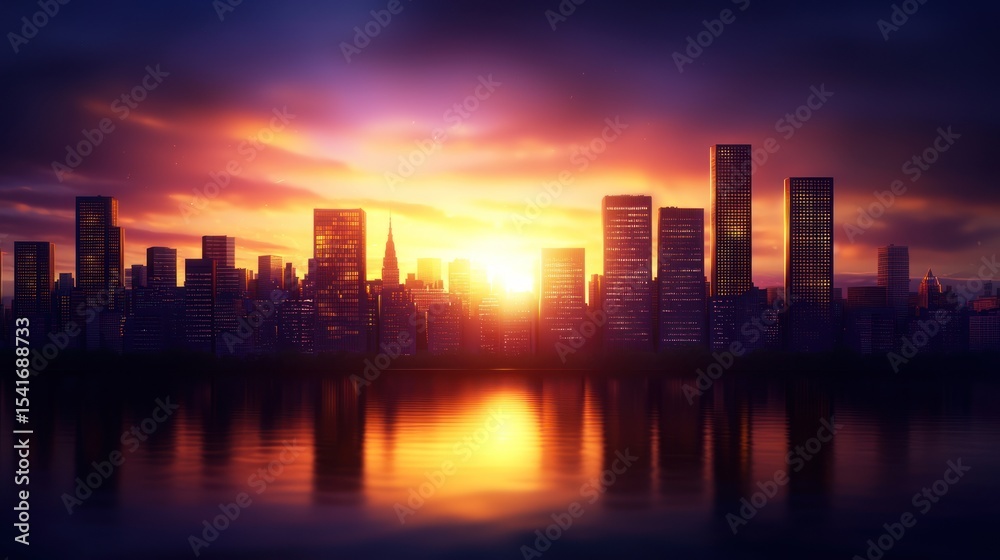 Fototapeta premium City skyline sunset reflection dramatic urban