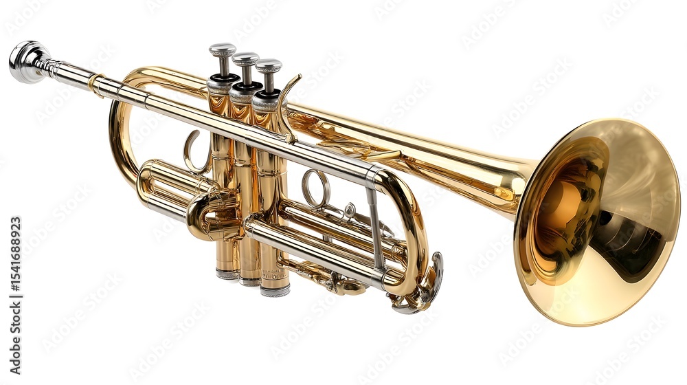 Obraz premium Isolated golden trumpet with silver accents on a white background.