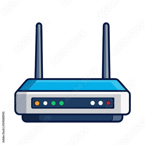 Cartoon router illustration with multiple indicator lights and two antennas clearly displayed
