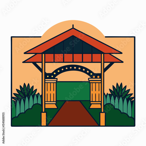 Stylized illustration of a traditional Asian gate in a garden setting